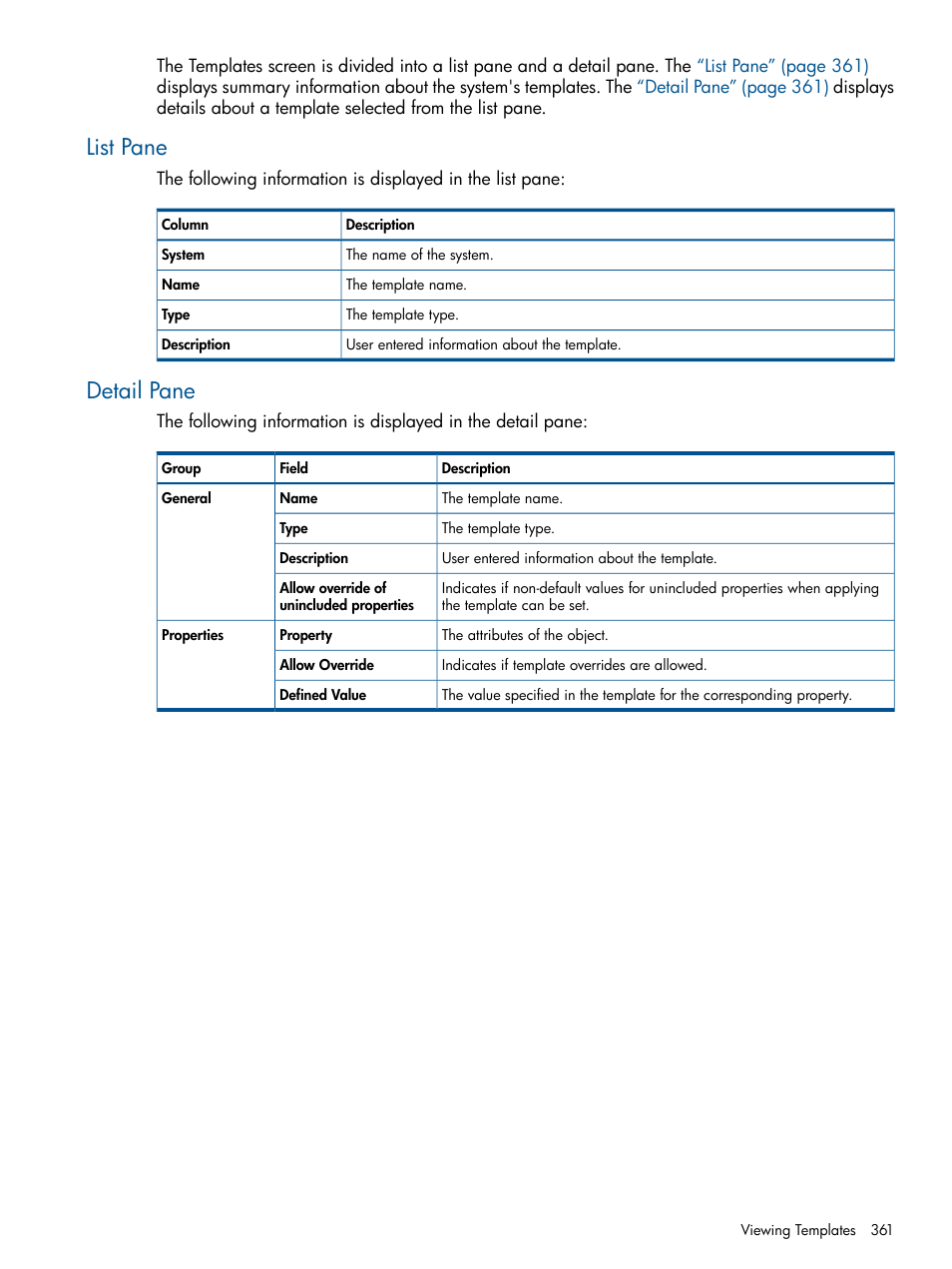 List pane, Detail pane, List pane detail pane | HP 3PAR Operating System Software User Manual | Page 361 / 426