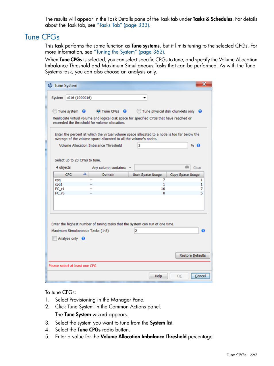 Tune cpgs | HP 3PAR Operating System Software User Manual | Page 367 / 426