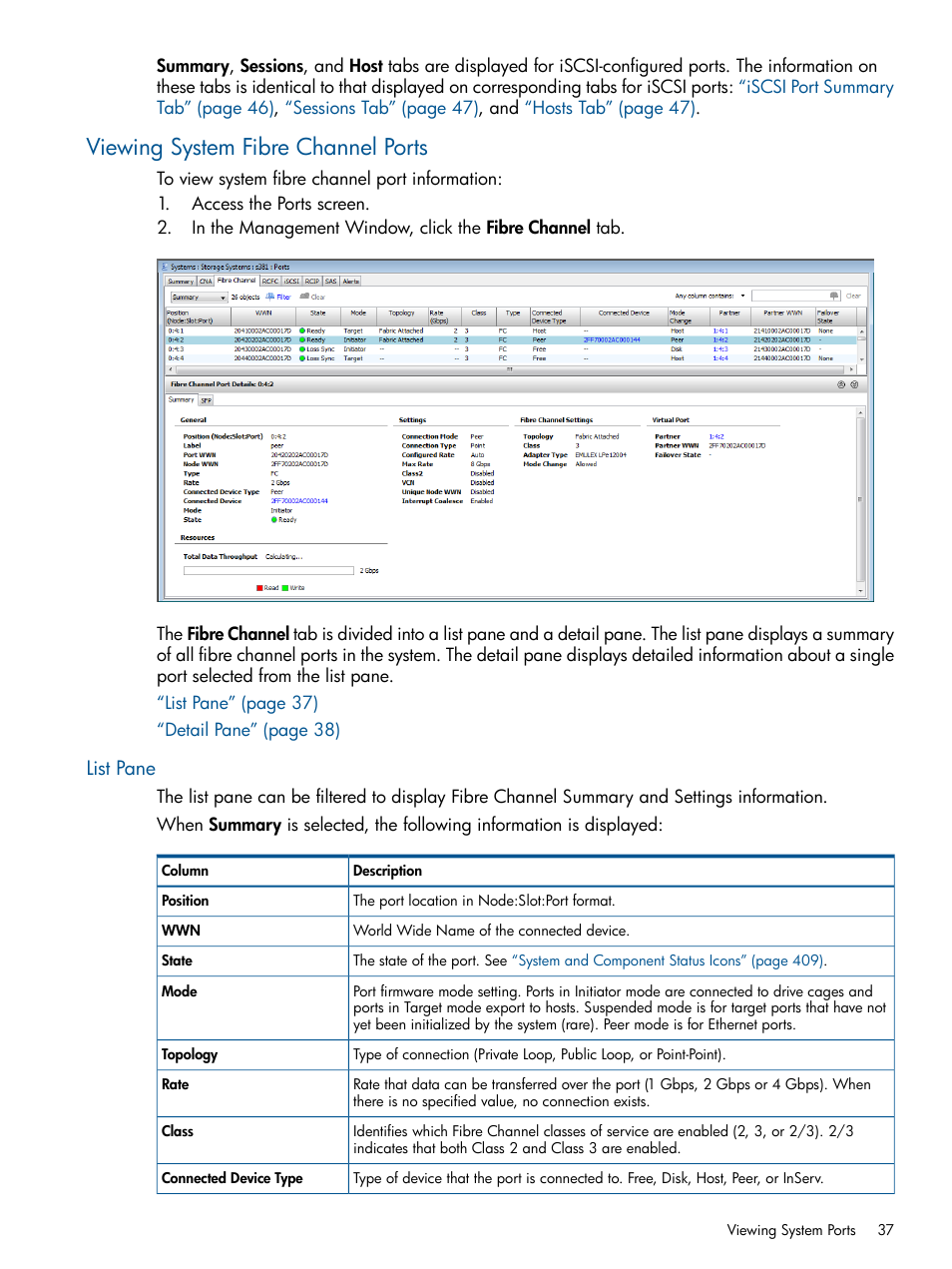 Viewing system fibre channel ports, List pane | HP 3PAR Operating System Software User Manual | Page 37 / 426
