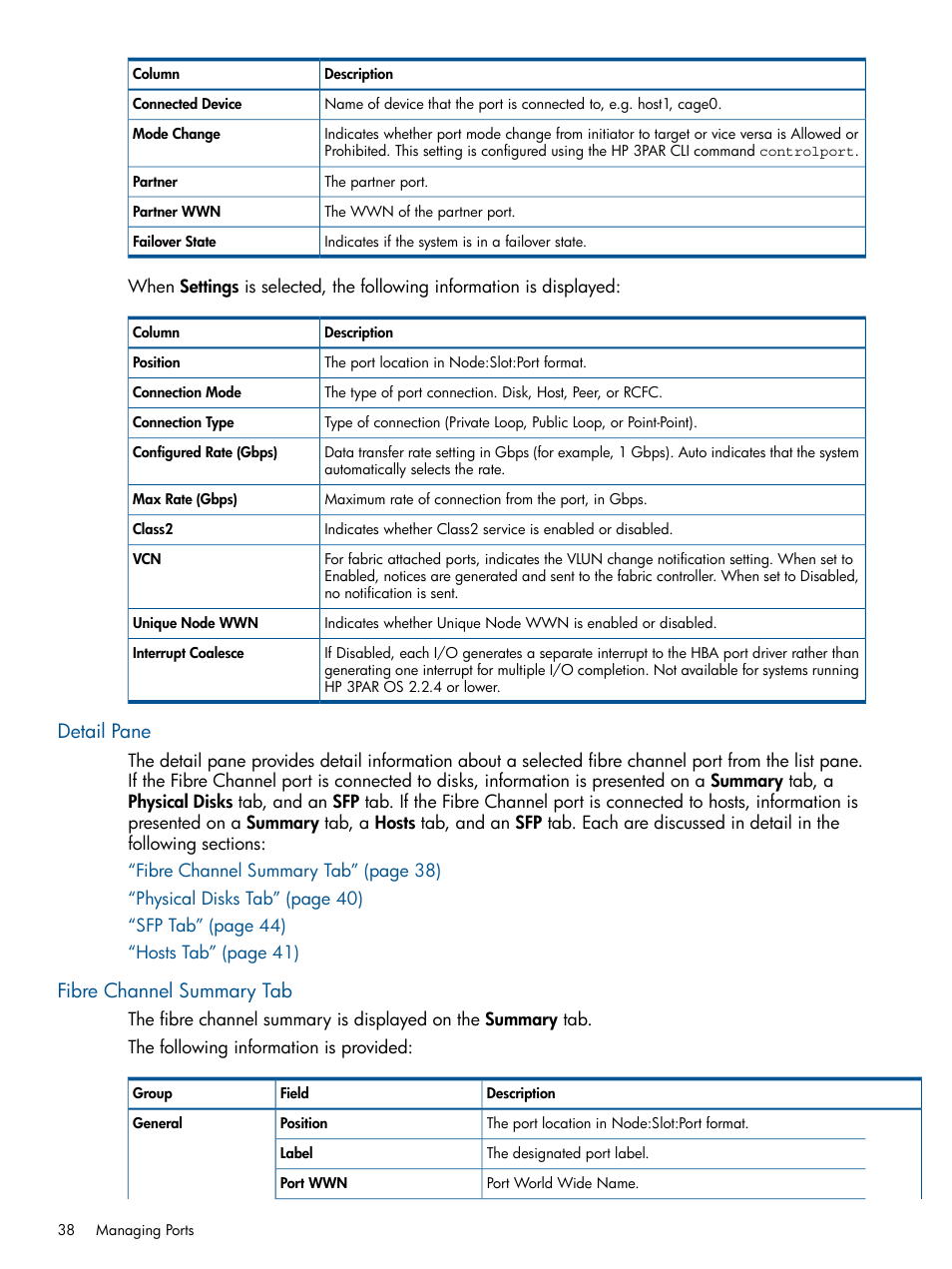 Detail pane, Fibre channel summary tab, Detail pane fibre channel summary tab | HP 3PAR Operating System Software User Manual | Page 38 / 426