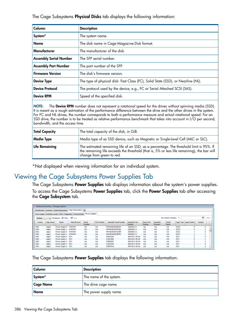 Viewing the cage subsystems power supplies tab | HP 3PAR Operating System Software User Manual | Page 386 / 426