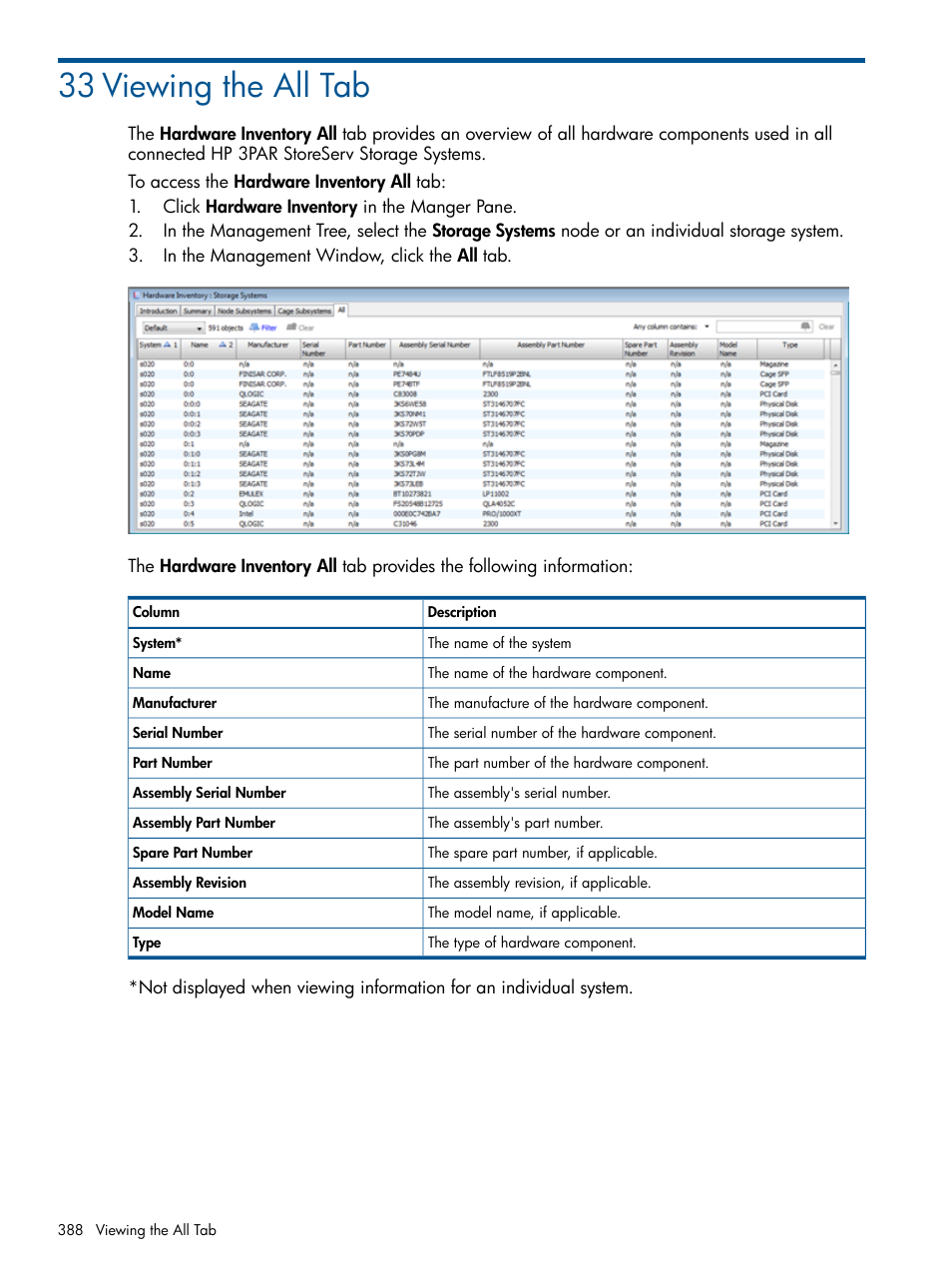 33 viewing the all tab | HP 3PAR Operating System Software User Manual | Page 388 / 426