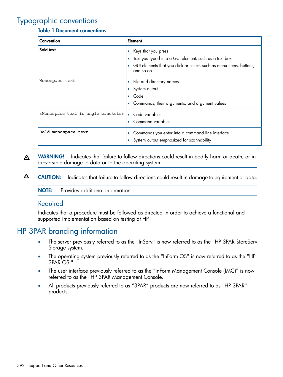 Typographic conventions, Hp 3par branding information, Required | HP 3PAR Operating System Software User Manual | Page 392 / 426