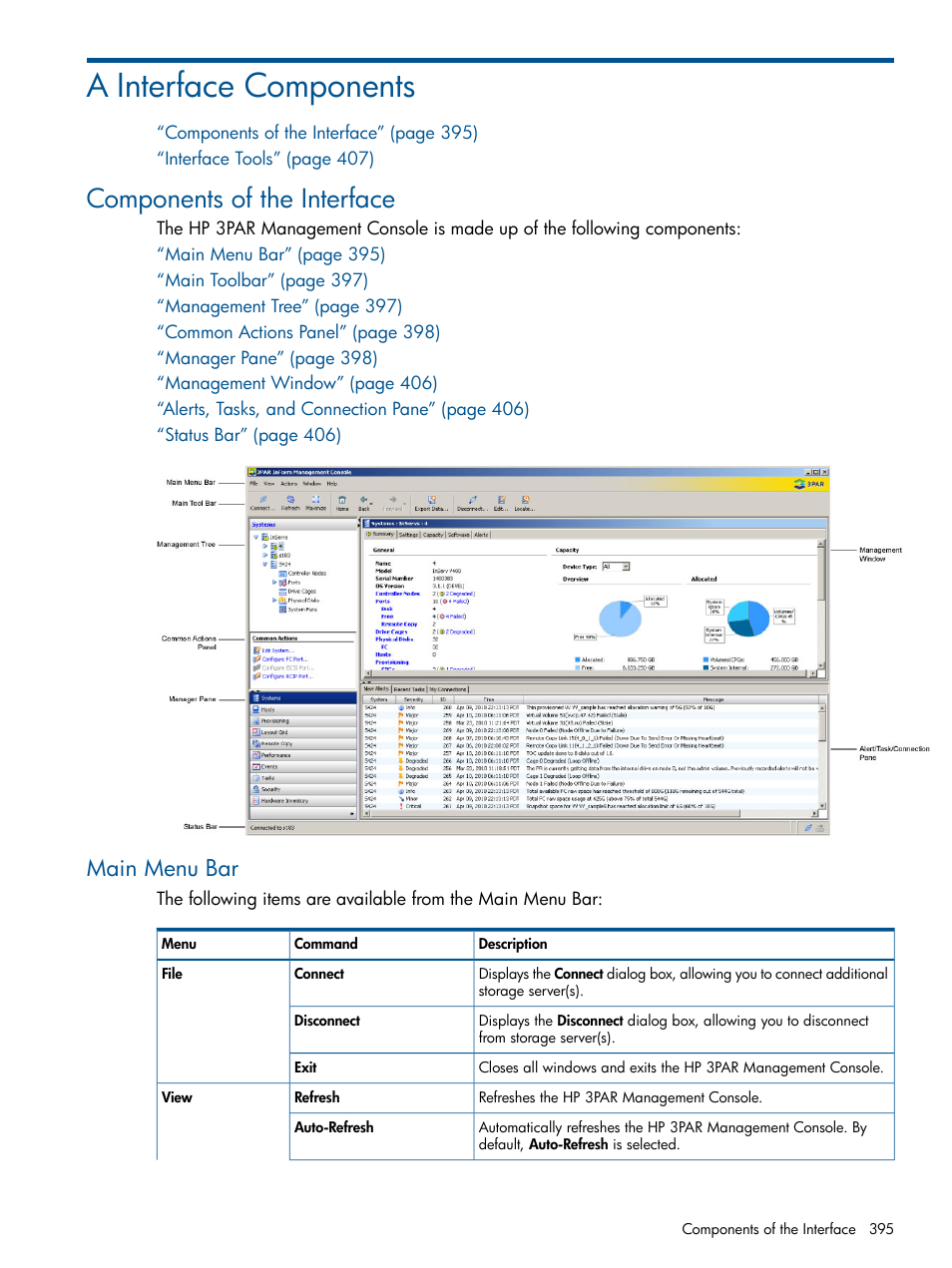 A interface components, Components of the interface, Main menu bar | HP 3PAR Operating System Software User Manual | Page 395 / 426