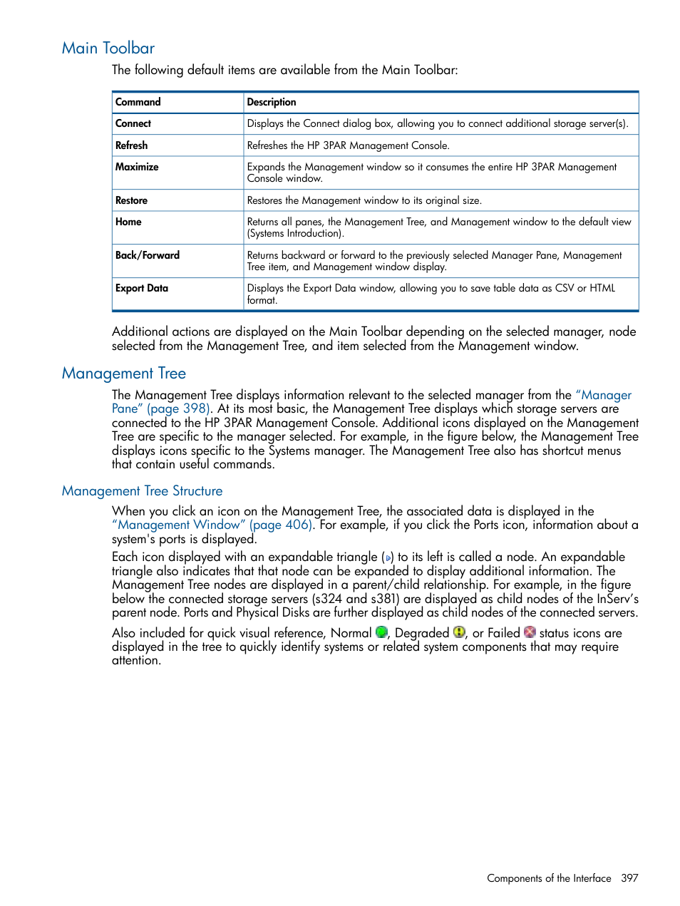 Main toolbar, Management tree, Management tree structure | Main toolbar management tree | HP 3PAR Operating System Software User Manual | Page 397 / 426