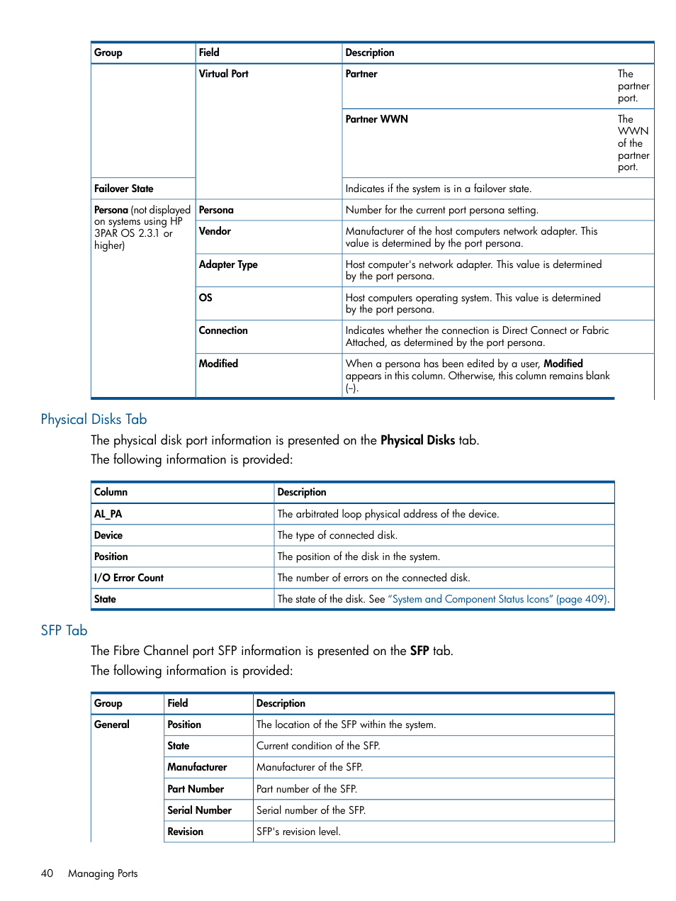 Physical disks tab, Sfp tab, Physical disks tab sfp tab | HP 3PAR Operating System Software User Manual | Page 40 / 426