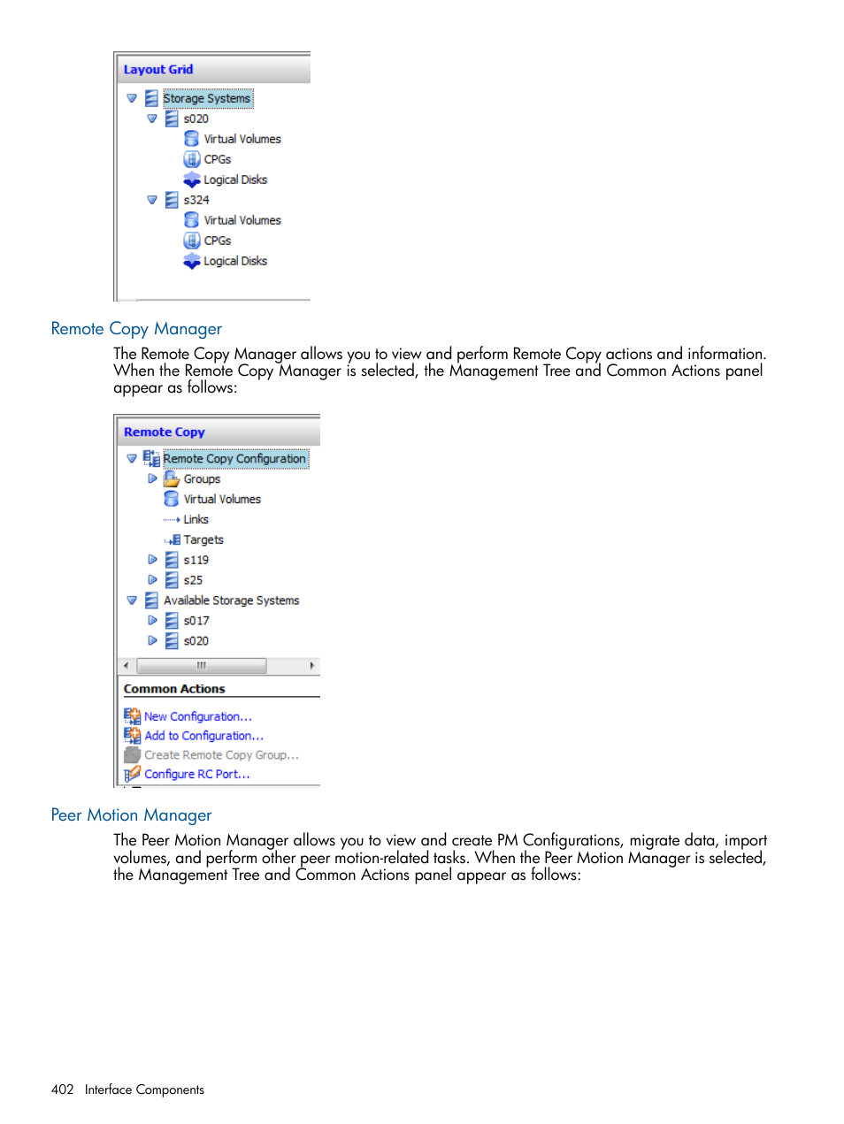 Remote copy manager, Peer motion manager, Remote copy manager peer motion manager | HP 3PAR Operating System Software User Manual | Page 402 / 426