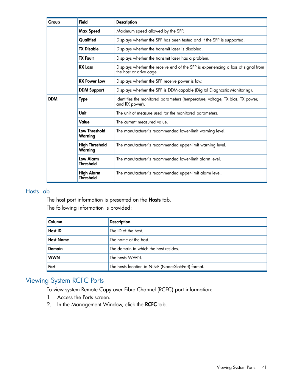 Hosts tab, Viewing system rcfc ports | HP 3PAR Operating System Software User Manual | Page 41 / 426