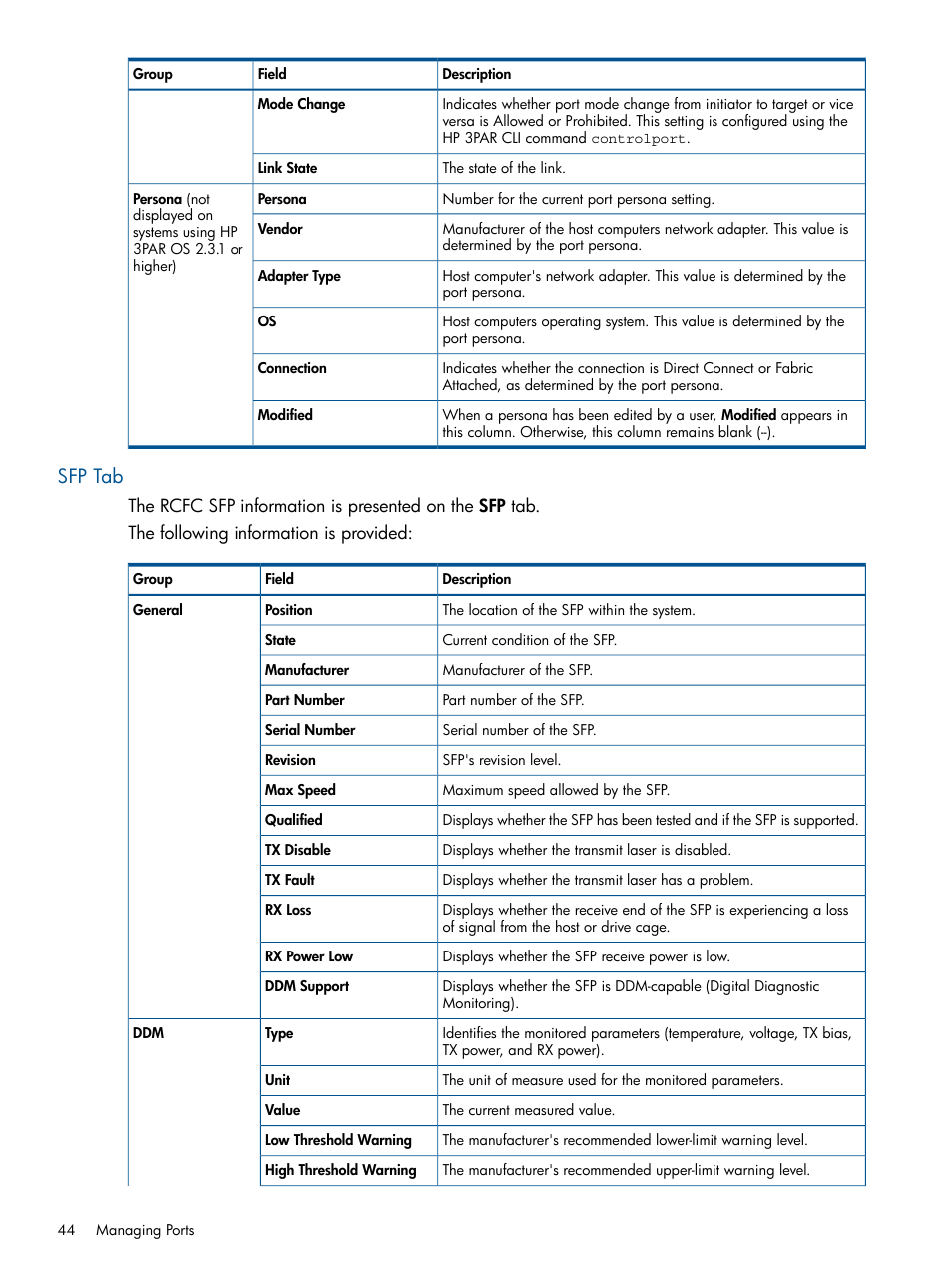 Sfp tab | HP 3PAR Operating System Software User Manual | Page 44 / 426