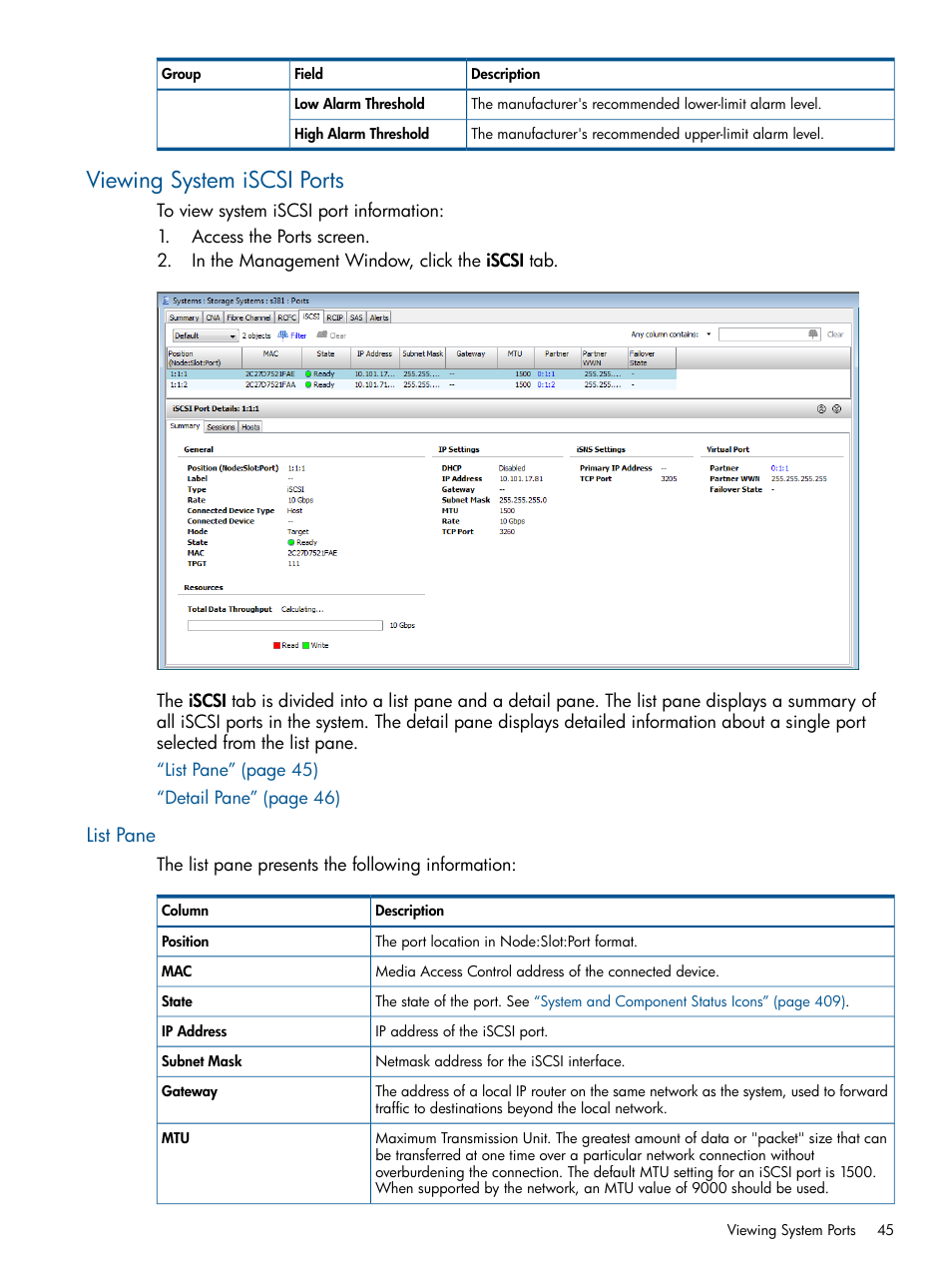 Viewing system iscsi ports, List pane | HP 3PAR Operating System Software User Manual | Page 45 / 426