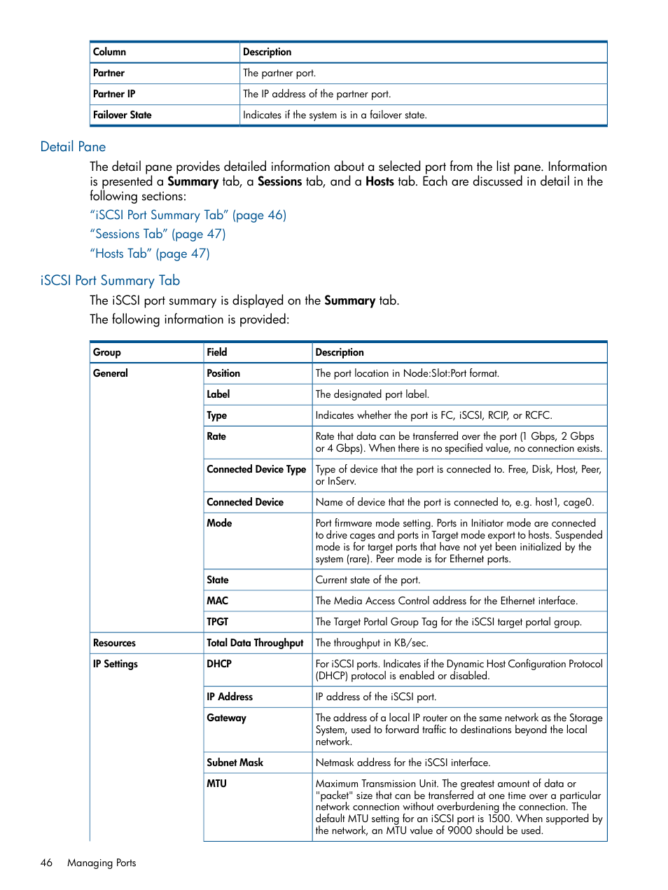 Detail pane, Iscsi port summary tab, Detail pane iscsi port summary tab | Iscsi port summary | HP 3PAR Operating System Software User Manual | Page 46 / 426