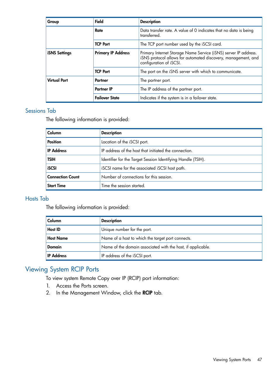 Sessions tab, Hosts tab, Viewing system rcip ports | Sessions tab hosts tab | HP 3PAR Operating System Software User Manual | Page 47 / 426