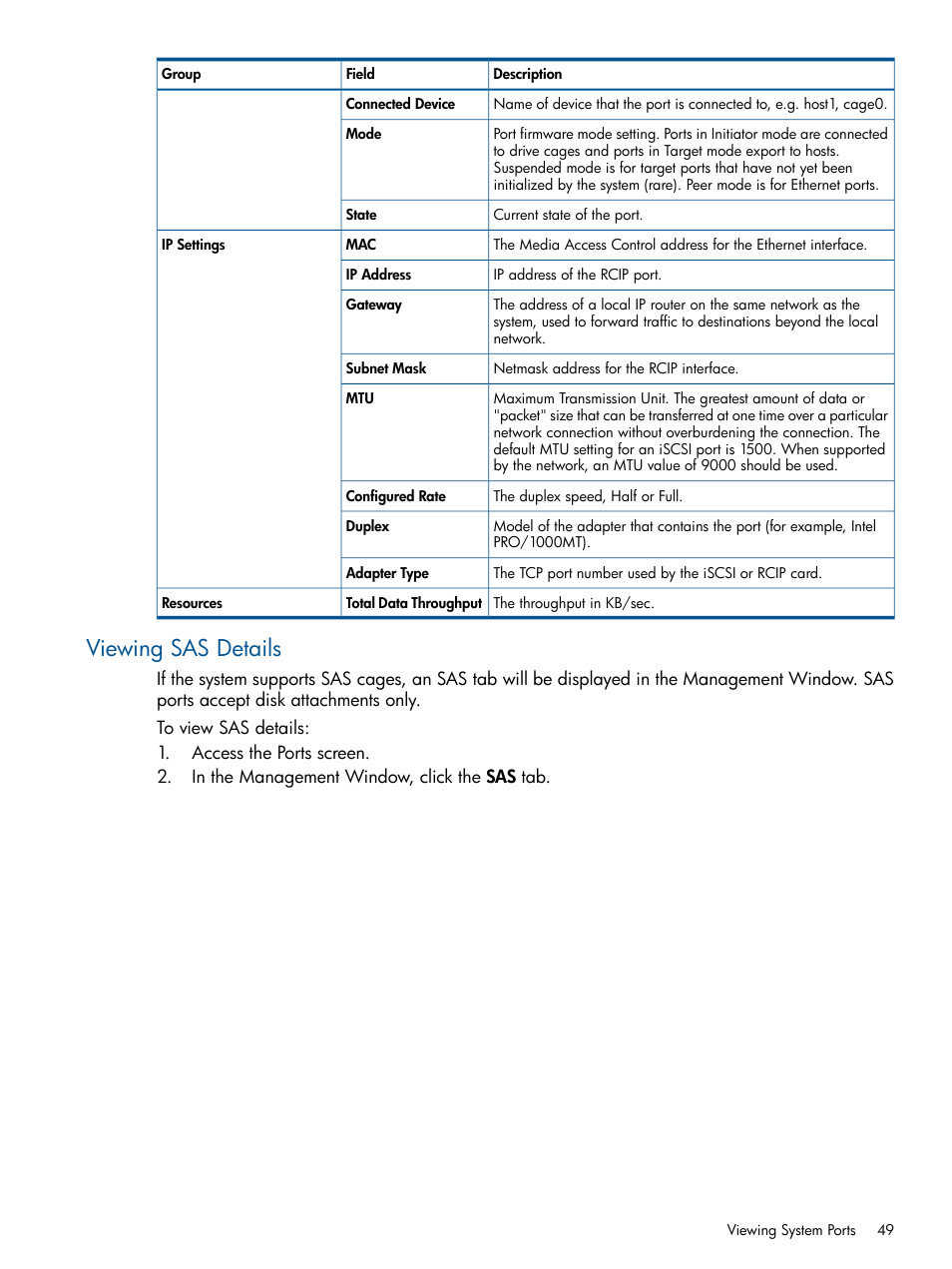 Viewing sas details | HP 3PAR Operating System Software User Manual | Page 49 / 426