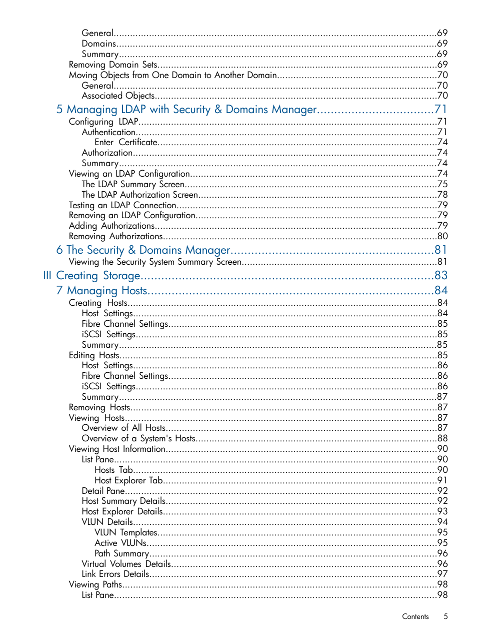 5 managing ldap with security & domains manager, 6 the security & domains manager, Iii creating storage 7 managing hosts | HP 3PAR Operating System Software User Manual | Page 5 / 426