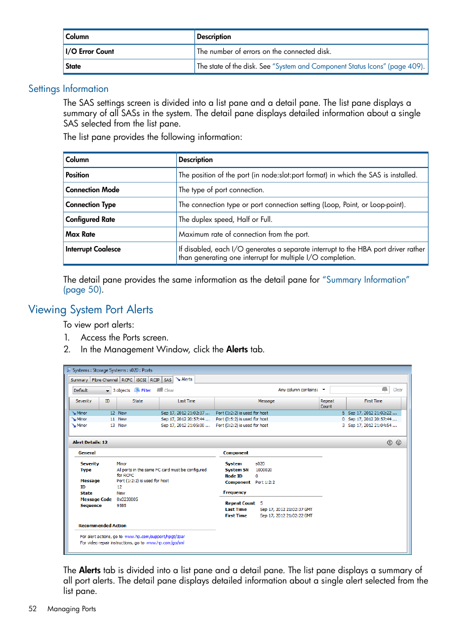 Settings information, Viewing system port alerts | HP 3PAR Operating System Software User Manual | Page 52 / 426