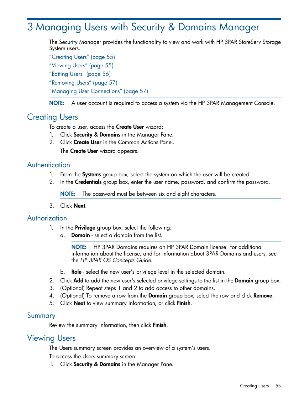 3 managing users with security & domains manager, Creating users, Authentication | Authorization, Summary, Viewing users, Authentication authorization summary | HP 3PAR Operating System Software User Manual | Page 55 / 426