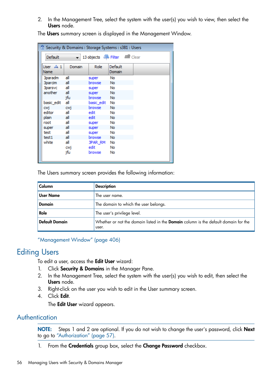 Editing users, Authentication | HP 3PAR Operating System Software User Manual | Page 56 / 426