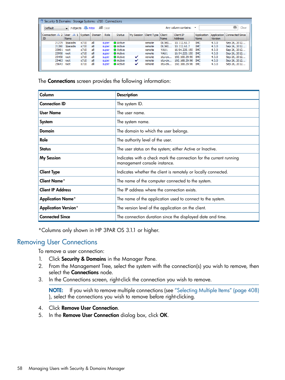 Removing user connections | HP 3PAR Operating System Software User Manual | Page 58 / 426