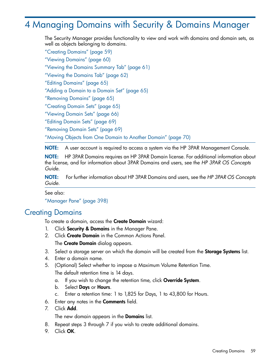 4 managing domains with security & domains manager, Creating domains | HP 3PAR Operating System Software User Manual | Page 59 / 426