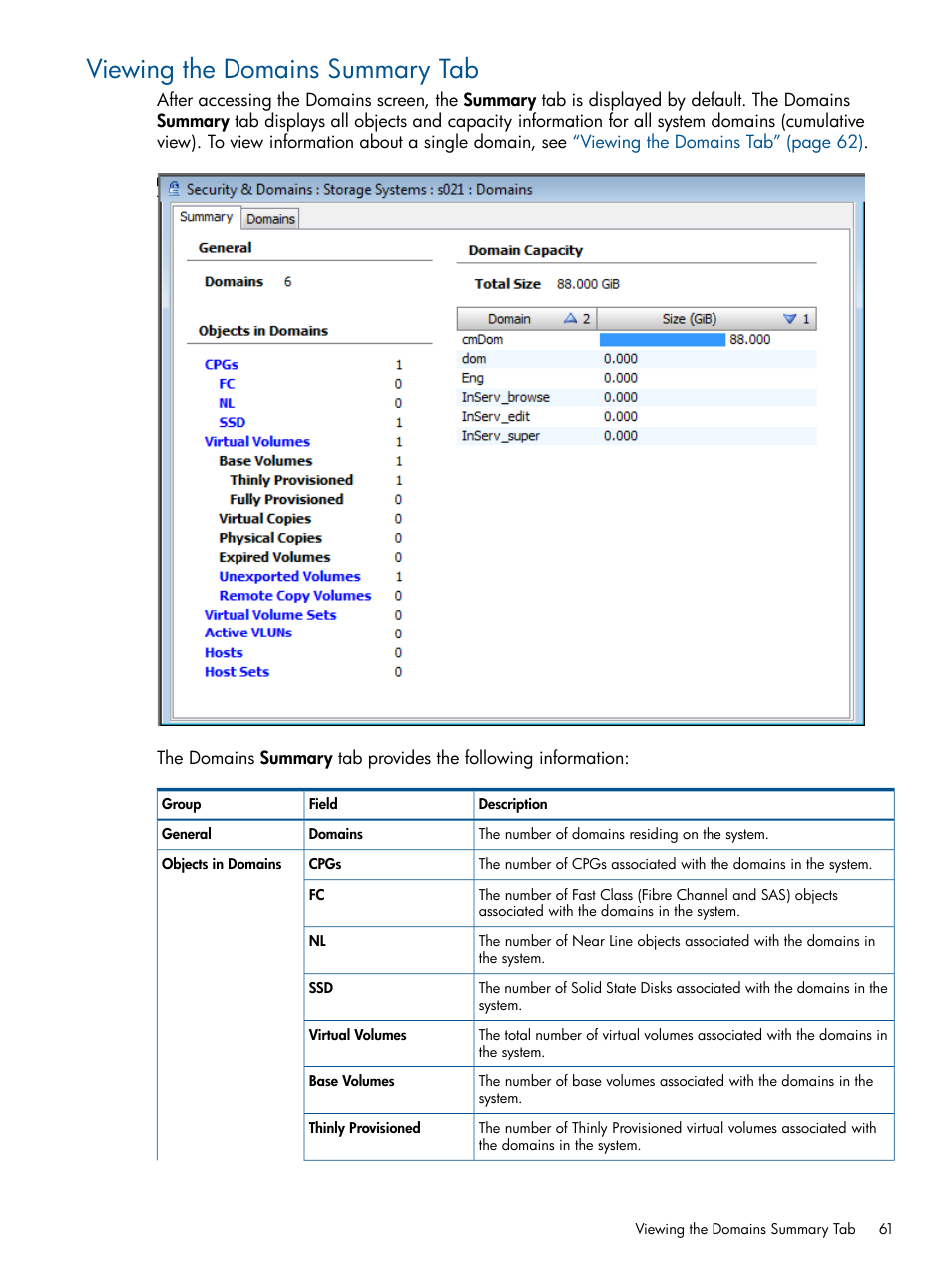 Viewing the domains summary tab | HP 3PAR Operating System Software User Manual | Page 61 / 426