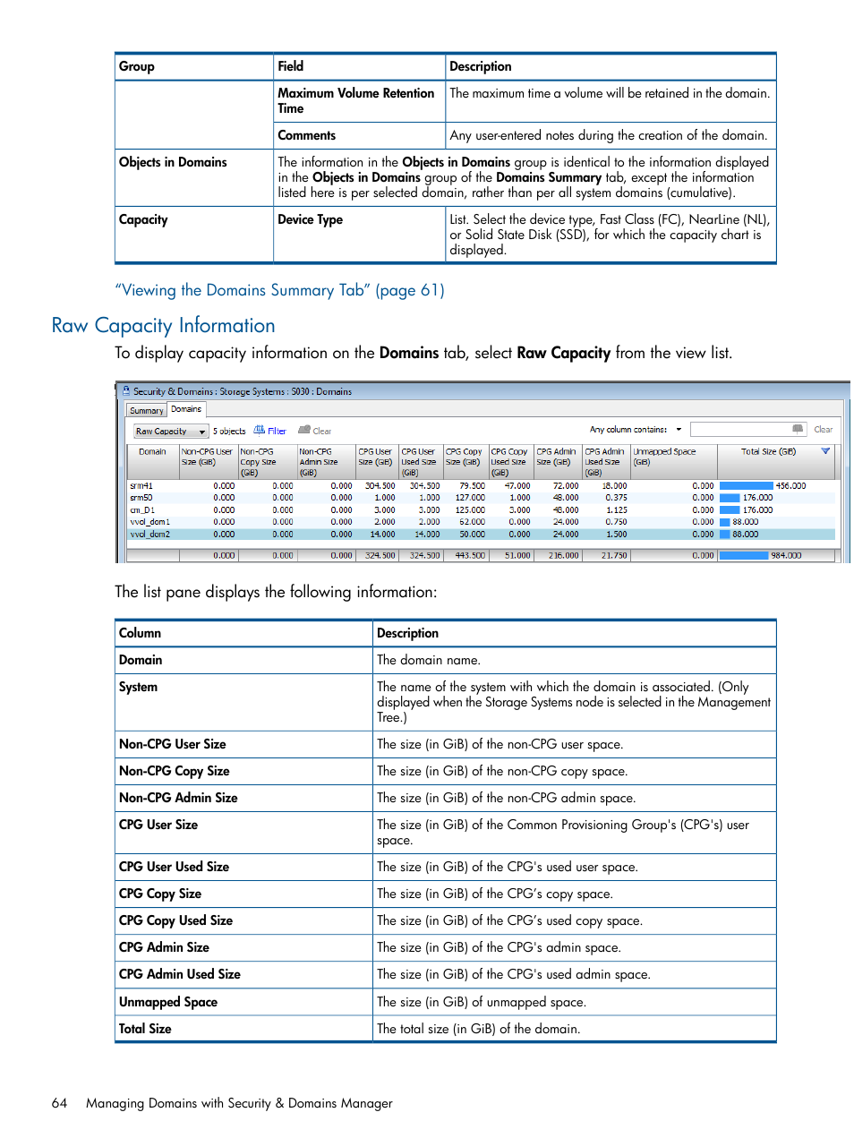 Raw capacity information | HP 3PAR Operating System Software User Manual | Page 64 / 426