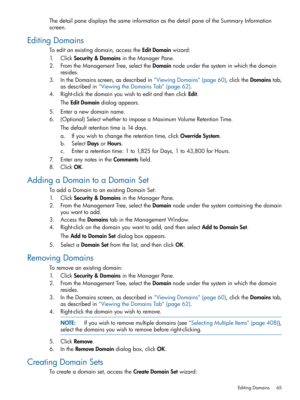 Editing domains, Adding a domain to a domain set, Removing domains | Creating domain sets | HP 3PAR Operating System Software User Manual | Page 65 / 426