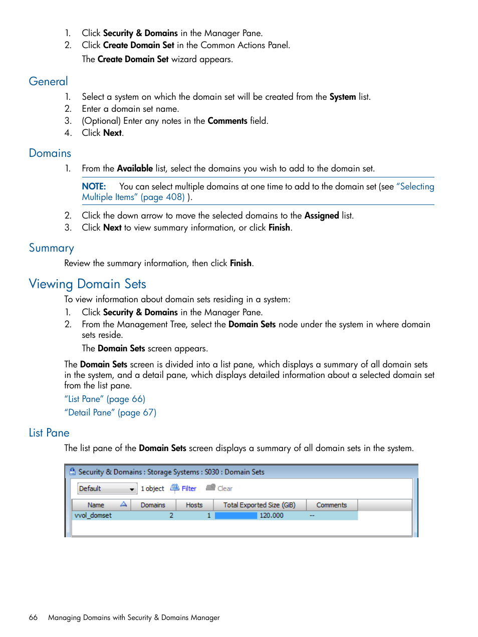 General, Domains, Summary | Viewing domain sets, List pane, General domains summary | HP 3PAR Operating System Software User Manual | Page 66 / 426