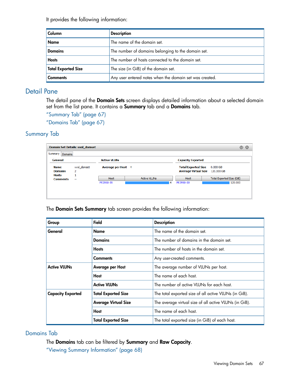 Detail pane, Summary tab, Domains tab | Summary tab domains tab | HP 3PAR Operating System Software User Manual | Page 67 / 426