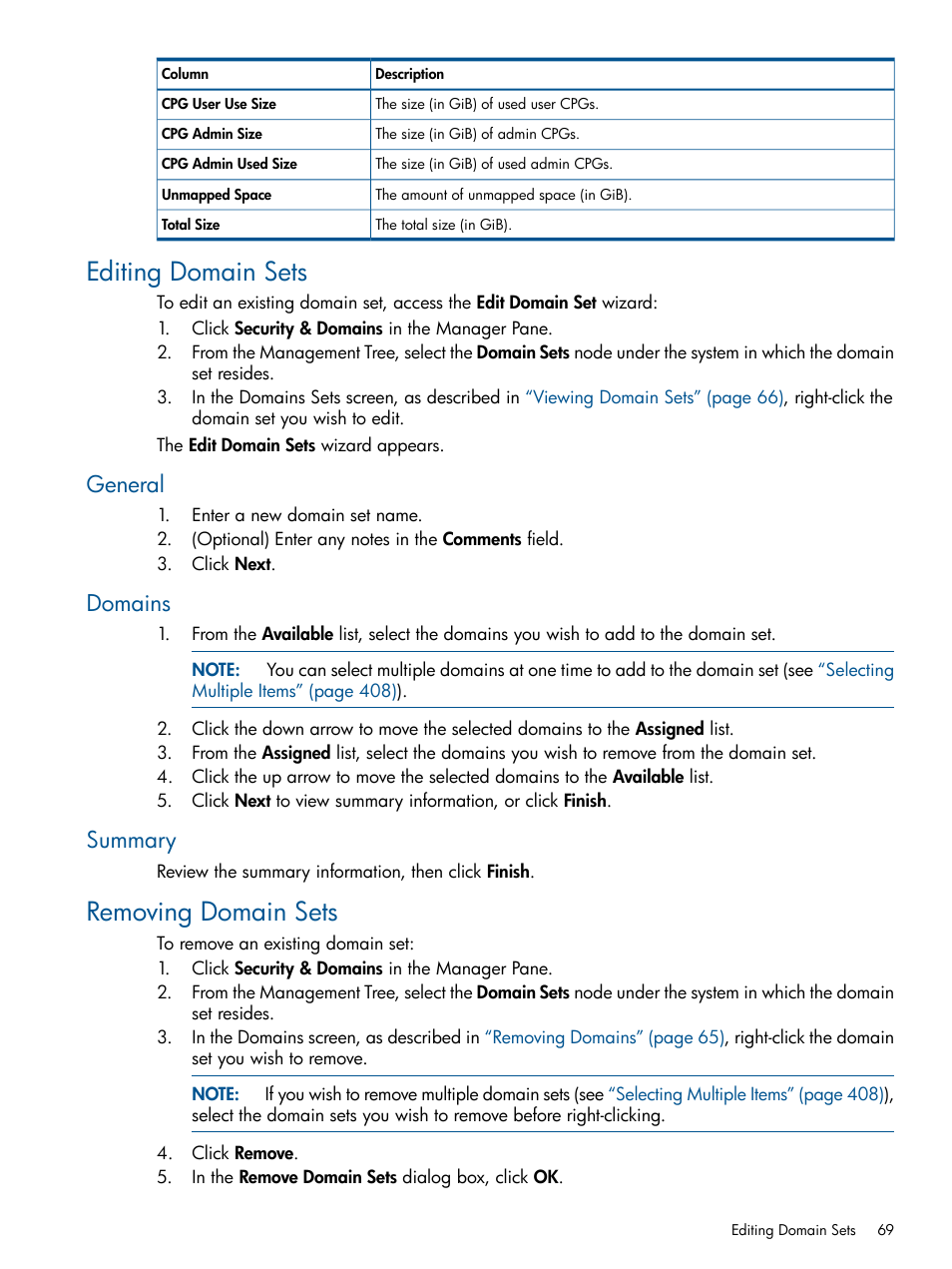 Editing domain sets, General, Domains | Summary, Removing domain sets, General domains summary | HP 3PAR Operating System Software User Manual | Page 69 / 426