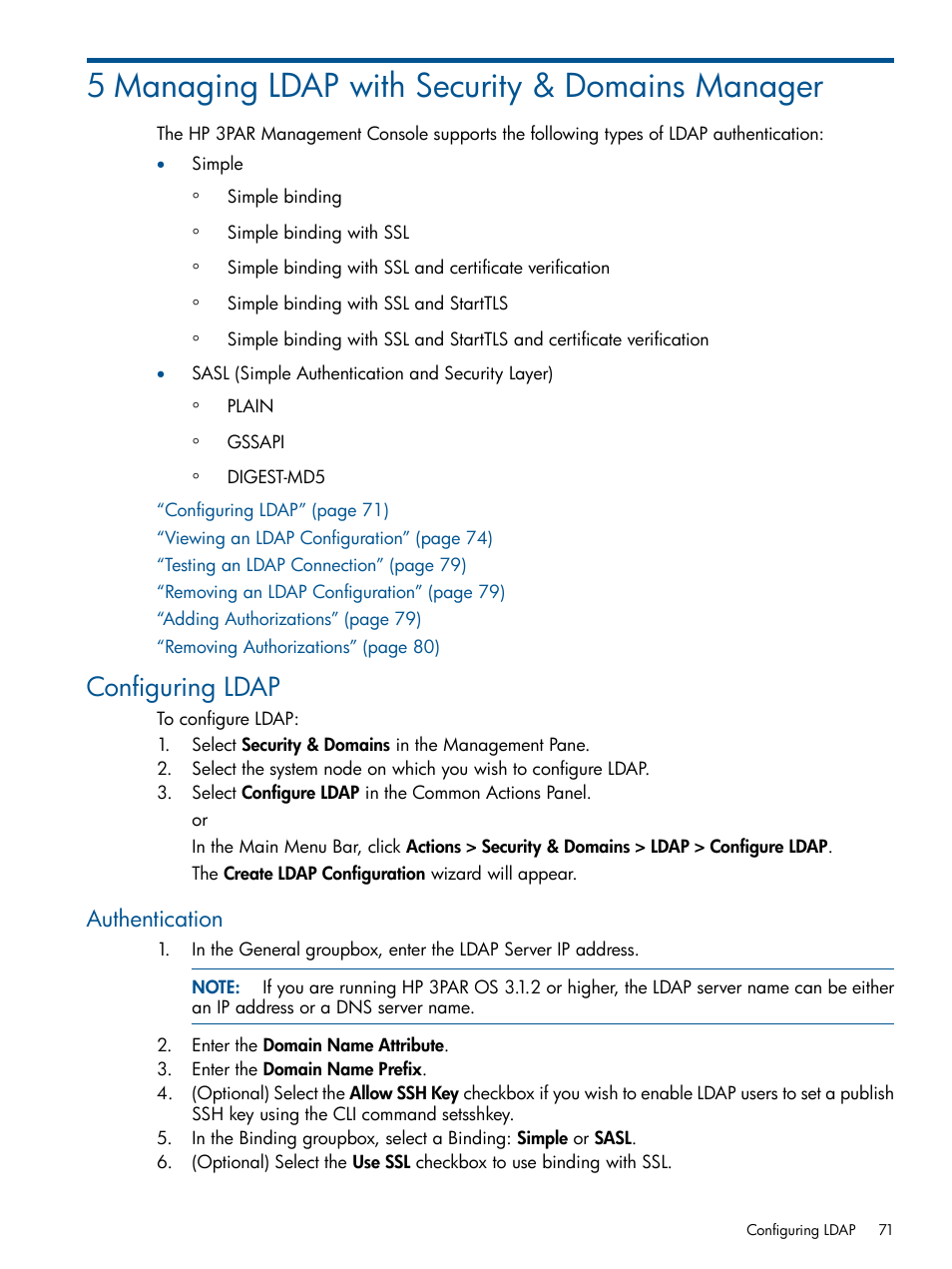 5 managing ldap with security & domains manager, Configuring ldap, Authentication | HP 3PAR Operating System Software User Manual | Page 71 / 426