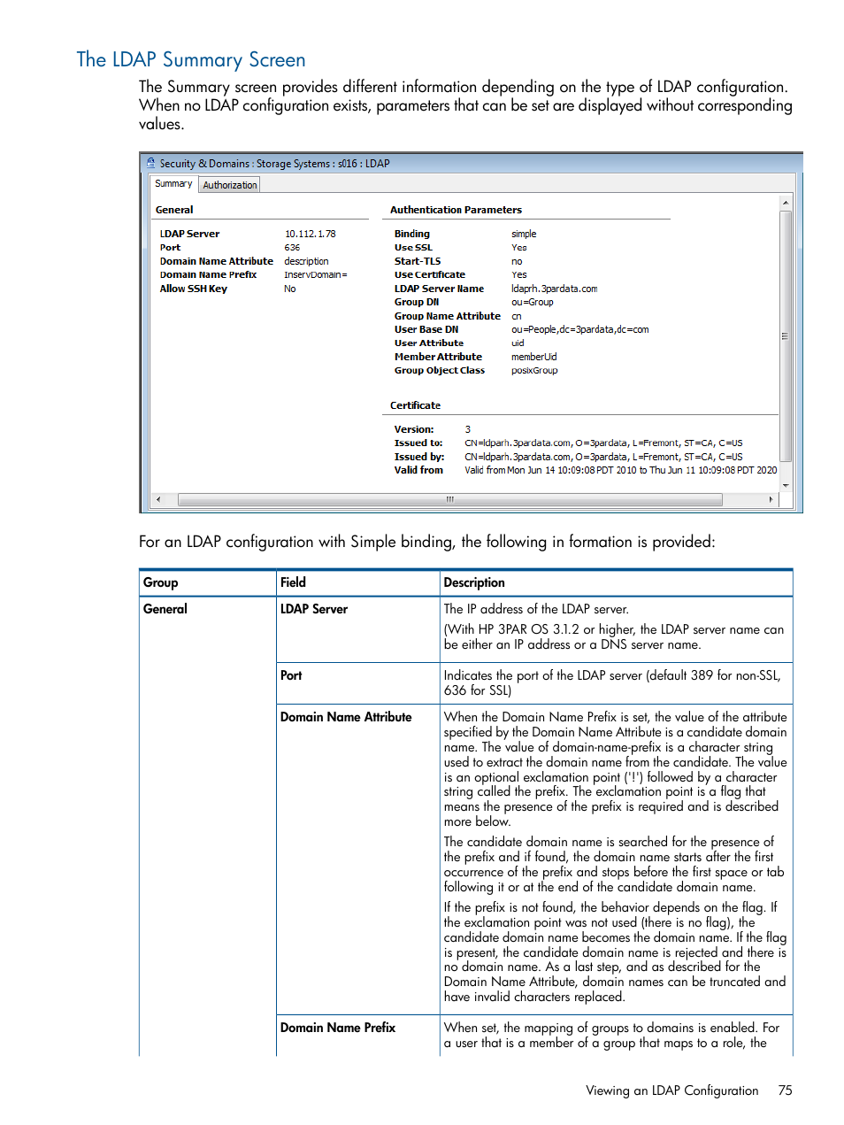 The ldap summary screen | HP 3PAR Operating System Software User Manual | Page 75 / 426