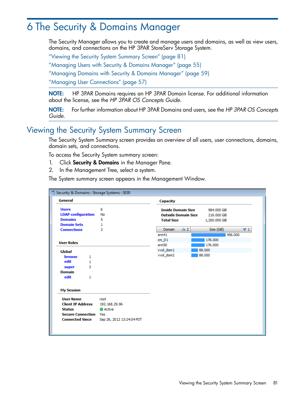 6 the security & domains manager, Viewing the security system summary screen | HP 3PAR Operating System Software User Manual | Page 81 / 426