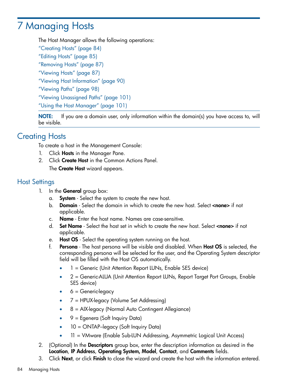 7 managing hosts, Creating hosts, Host settings | HP 3PAR Operating System Software User Manual | Page 84 / 426