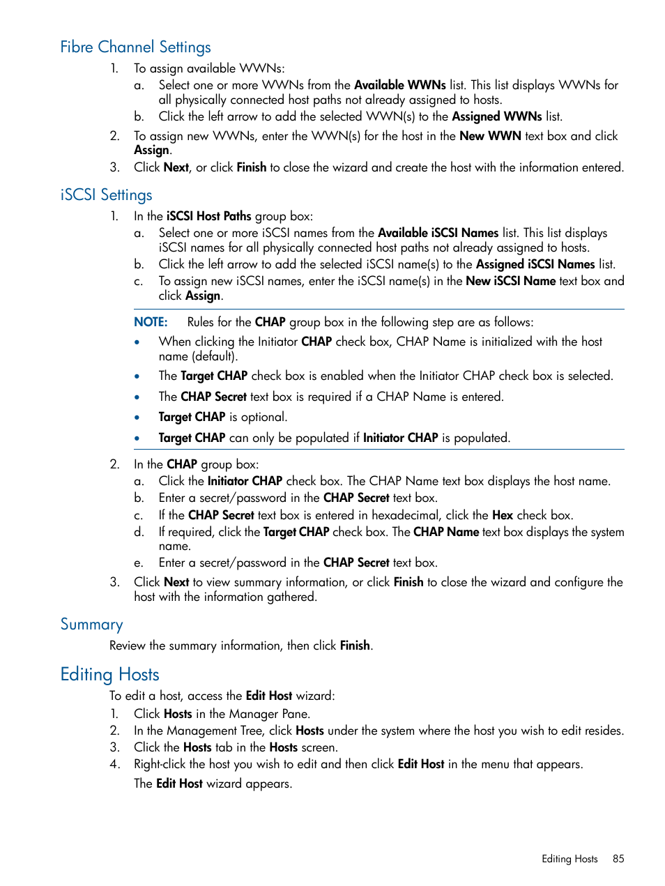 Fibre channel settings, Iscsi settings, Summary | Editing hosts, Fibre channel settings iscsi settings summary | HP 3PAR Operating System Software User Manual | Page 85 / 426