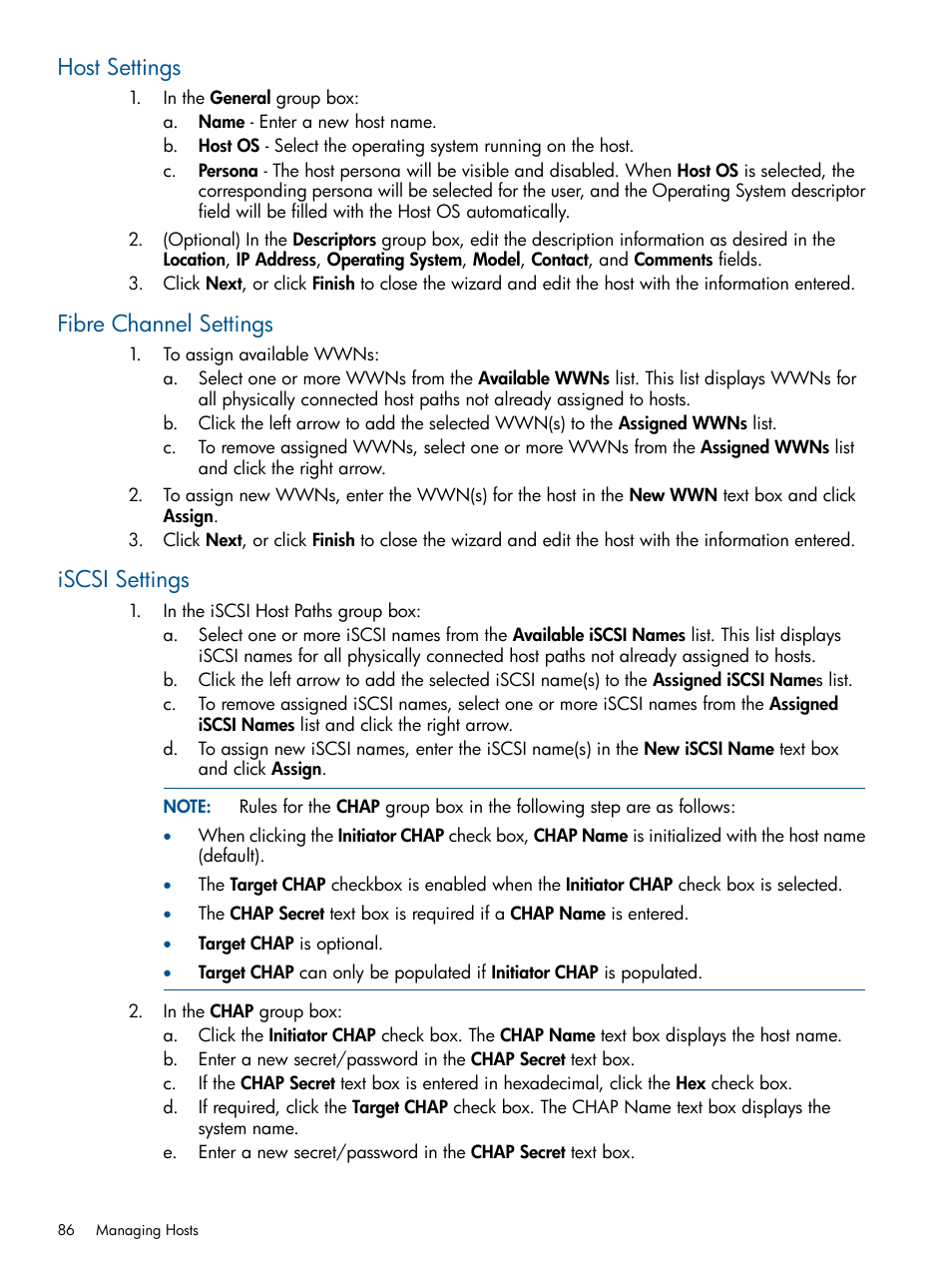 Host settings, Fibre channel settings, Iscsi settings | HP 3PAR Operating System Software User Manual | Page 86 / 426