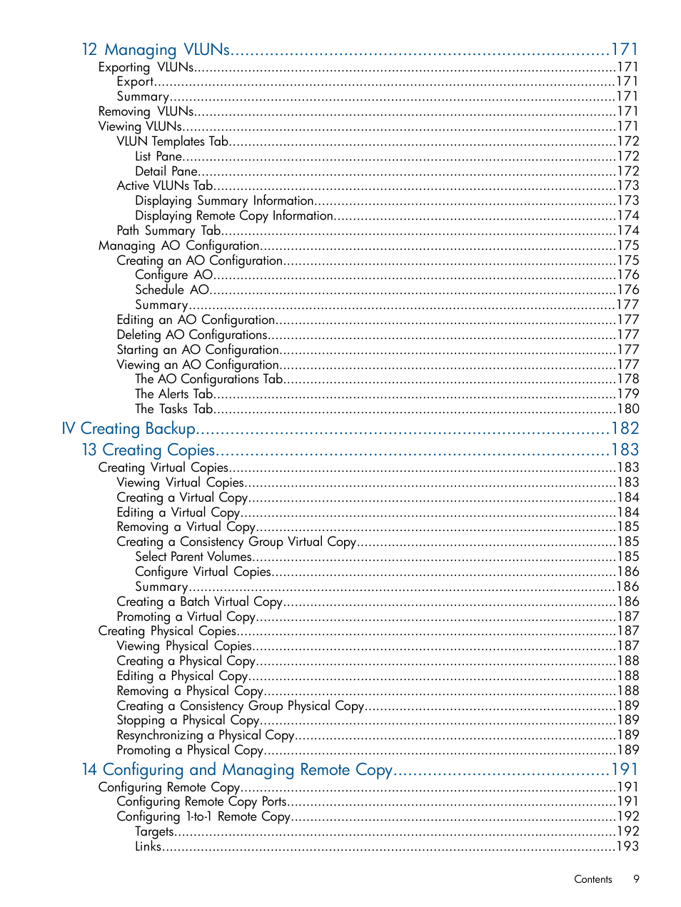 12 managing vluns, Iv creating backup 13 creating copies, 14 configuring and managing remote copy | HP 3PAR Operating System Software User Manual | Page 9 / 426