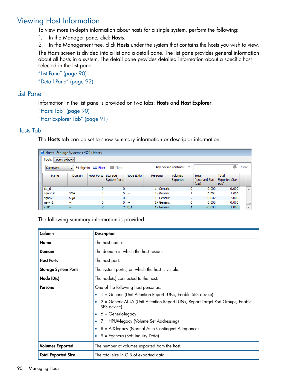 Viewing host information, List pane, Hosts tab | HP 3PAR Operating System Software User Manual | Page 90 / 426