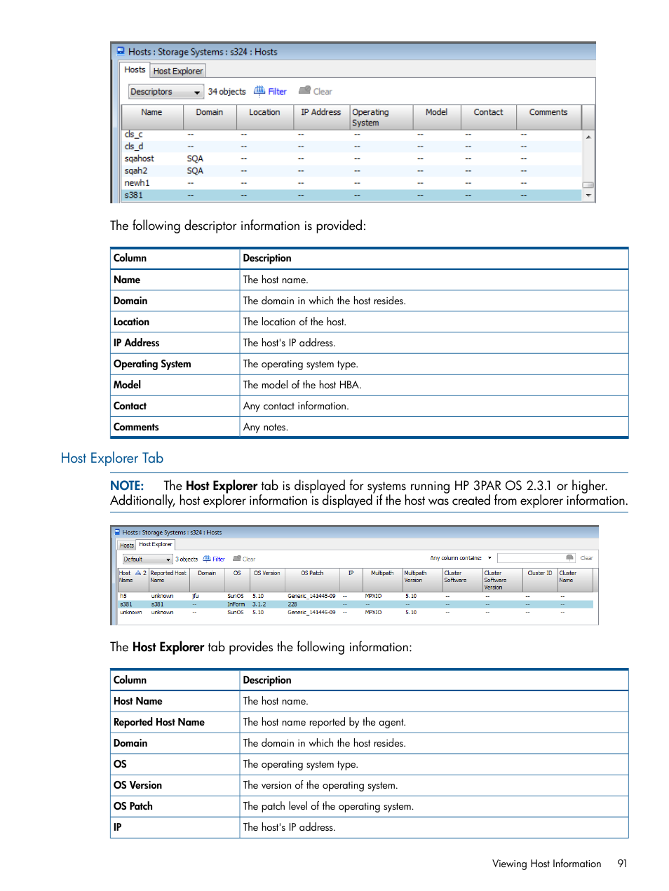 Host explorer tab | HP 3PAR Operating System Software User Manual | Page 91 / 426