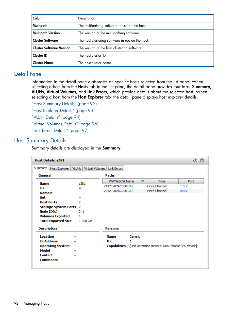 Detail pane, Host summary details, Detail pane host summary details | HP 3PAR Operating System Software User Manual | Page 92 / 426