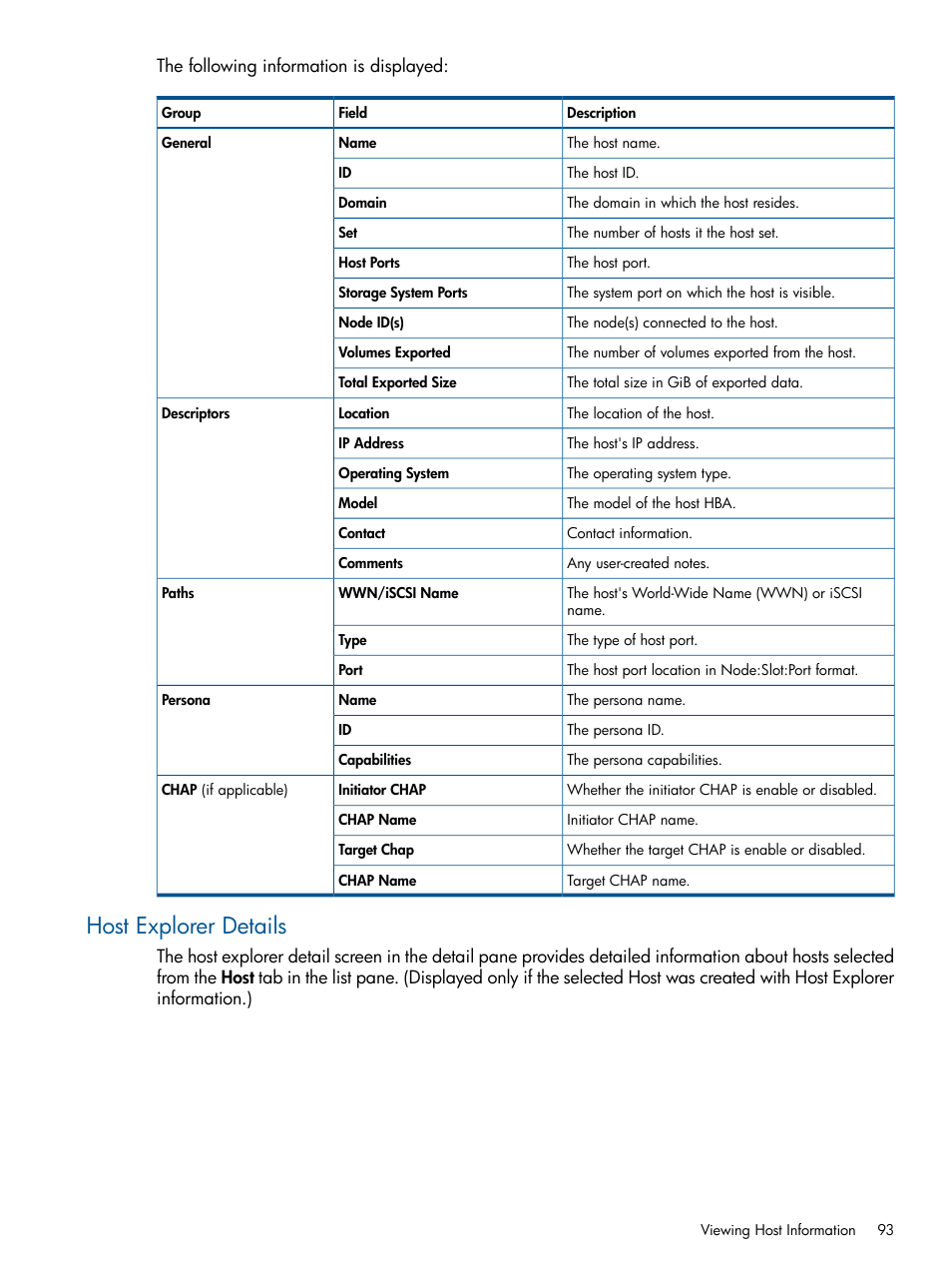 Host explorer details | HP 3PAR Operating System Software User Manual | Page 93 / 426