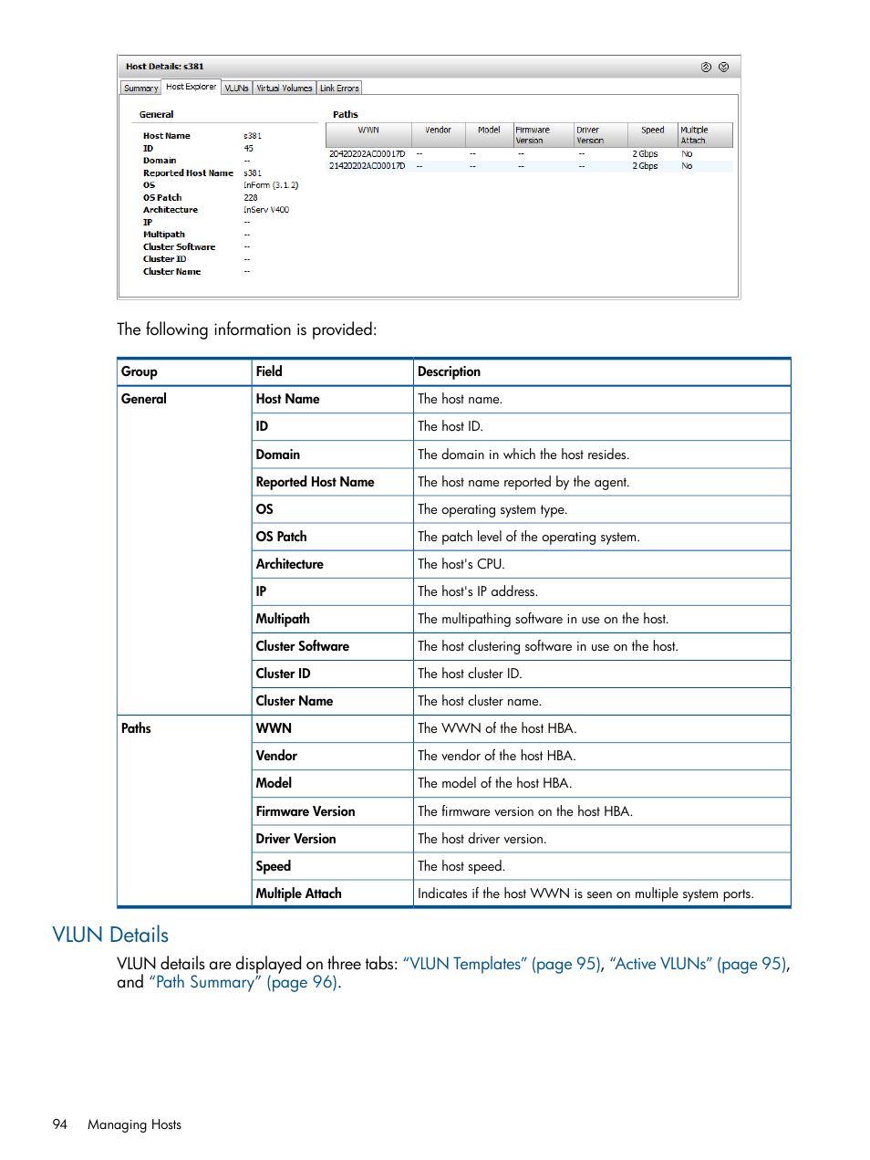 Vlun details | HP 3PAR Operating System Software User Manual | Page 94 / 426