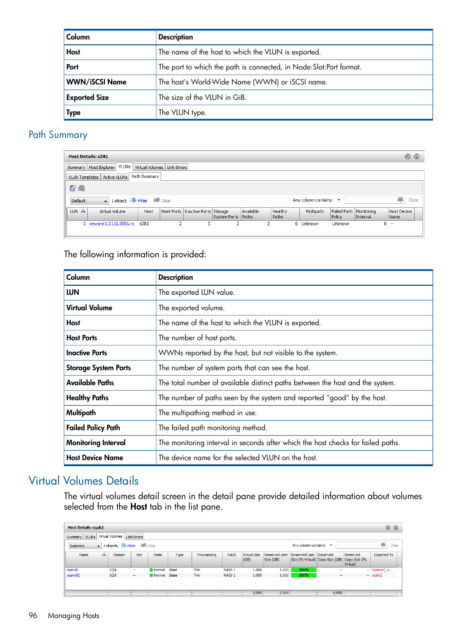 Path summary, Virtual volumes details | HP 3PAR Operating System Software User Manual | Page 96 / 426