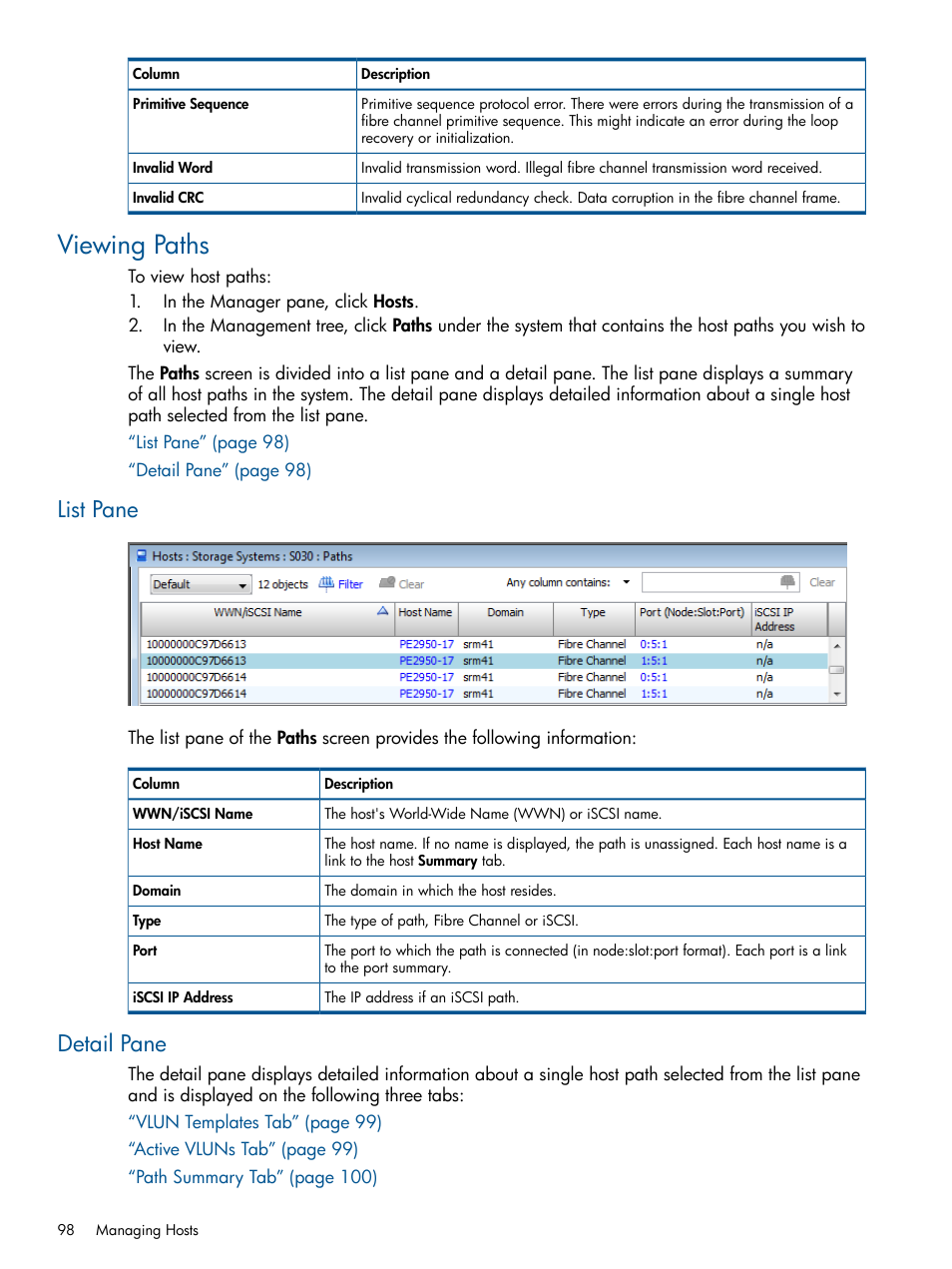 Viewing paths, List pane, Detail pane | HP 3PAR Operating System Software User Manual | Page 98 / 426