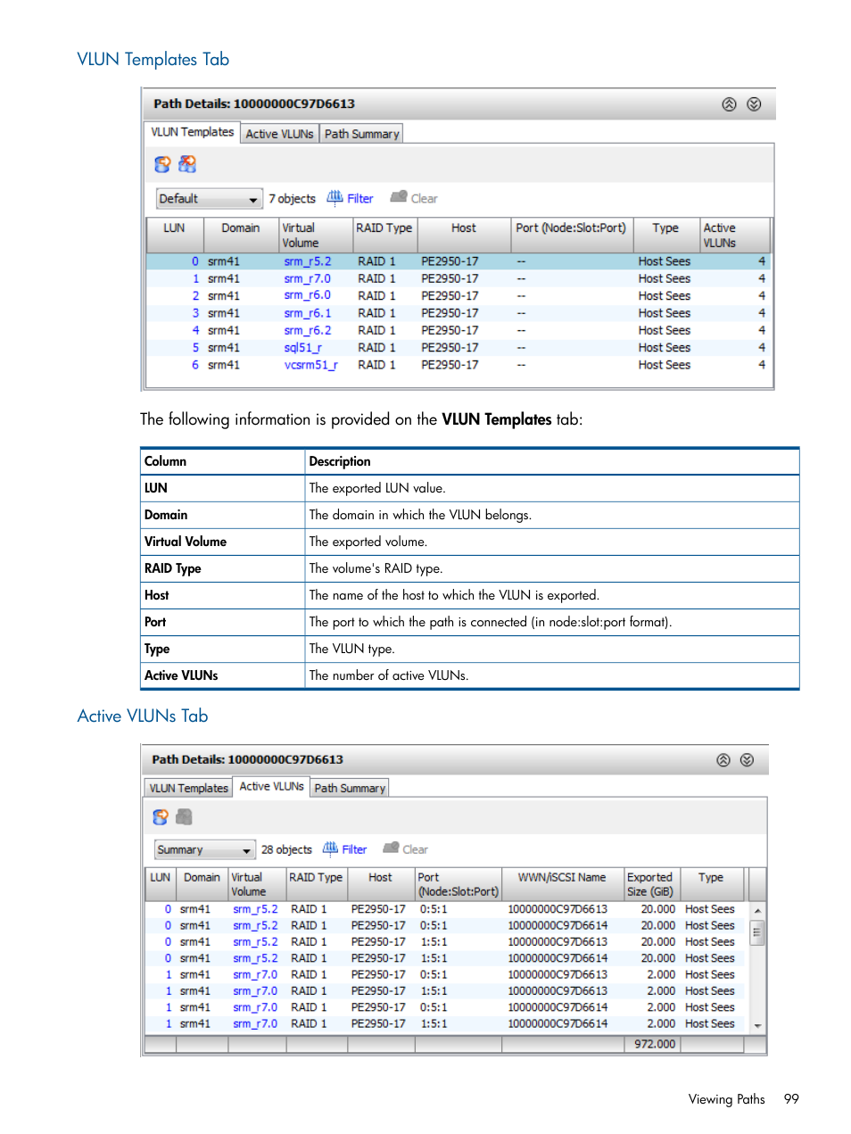 Vlun templates tab, Active vluns tab, Vlun templates tab active vluns tab | HP 3PAR Operating System Software User Manual | Page 99 / 426