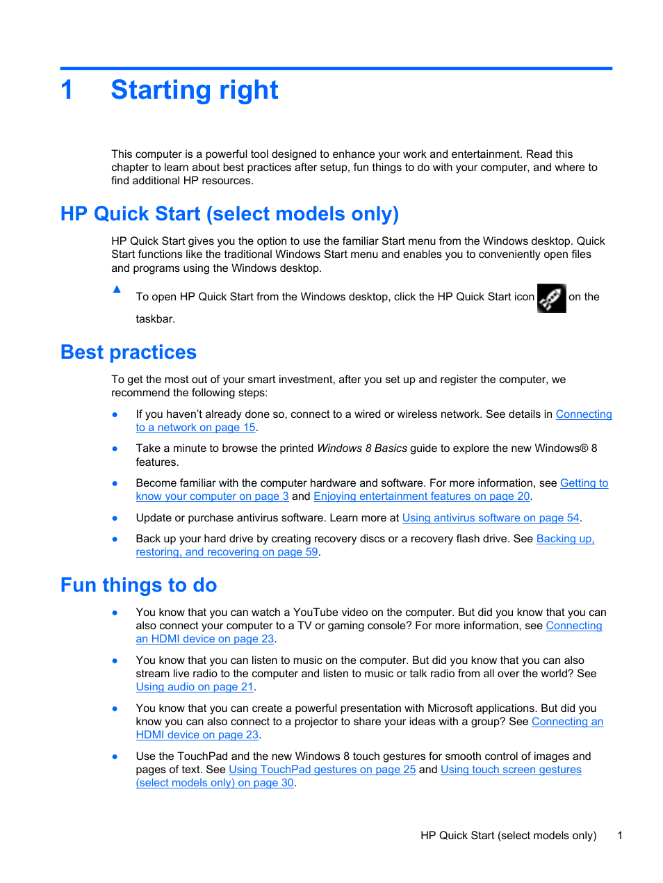 Starting right, Hp quick start (select models only), Best practices | Fun things to do, 1 starting right, 1starting right | HP Pavilion TouchSmart 14-f040ca Sleekbook User Manual | Page 11 / 80