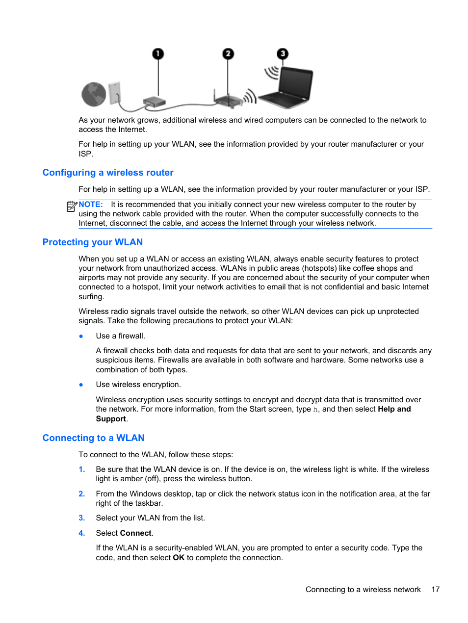 Configuring a wireless router, Protecting your wlan, Connecting to a wlan | HP Pavilion TouchSmart 14-f040ca Sleekbook User Manual | Page 27 / 80