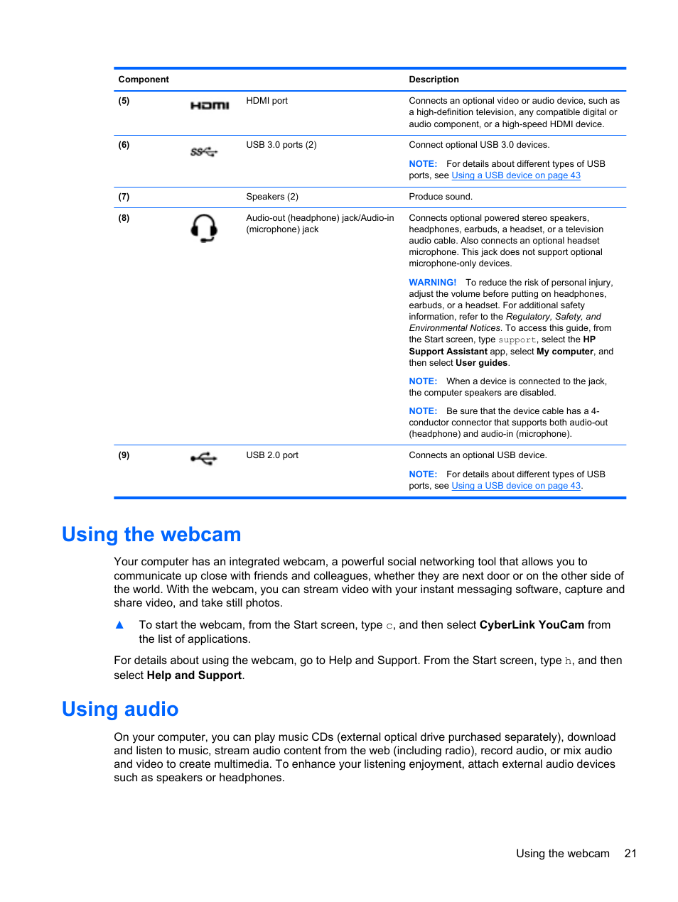 Using the webcam, Using audio, Using the webcam using audio | HP Pavilion TouchSmart 14-f040ca Sleekbook User Manual | Page 31 / 80