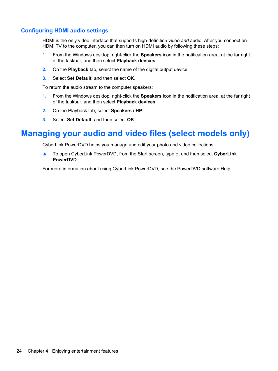 Configuring hdmi audio settings | HP Pavilion TouchSmart 14-f040ca Sleekbook User Manual | Page 34 / 80