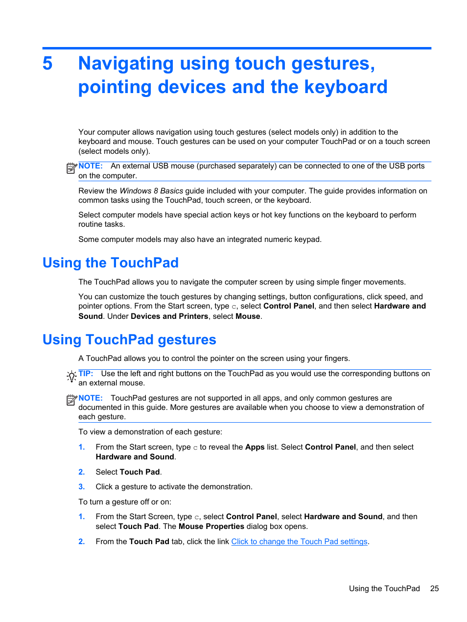 Using the touchpad, Using touchpad gestures, Using the touchpad using touchpad gestures | Text. see | HP Pavilion TouchSmart 14-f040ca Sleekbook User Manual | Page 35 / 80