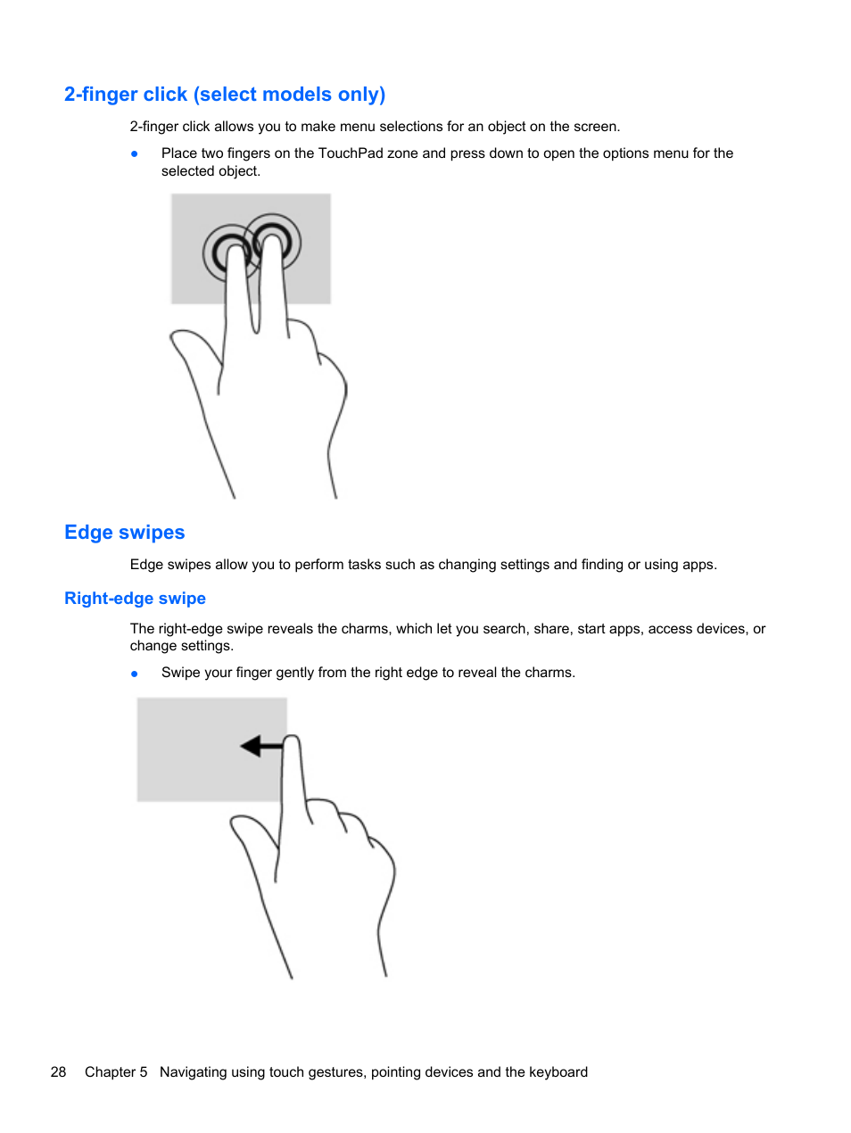 Finger click (select models only), Edge swipes, Right-edge swipe | Finger click (select models only) edge swipes | HP Pavilion TouchSmart 14-f040ca Sleekbook User Manual | Page 38 / 80